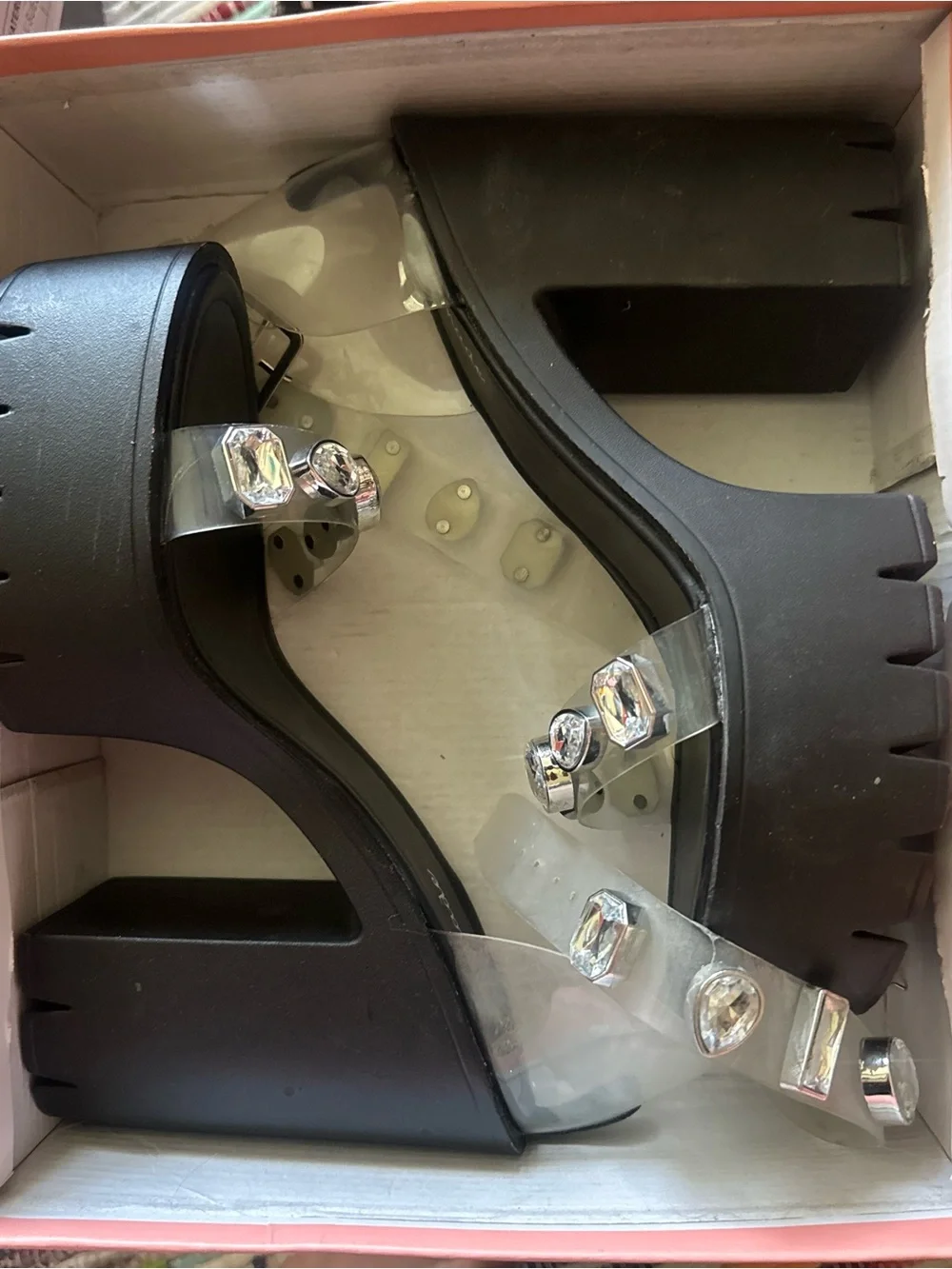 Women’s Black Platform Heel Sandals with Clear Gem Straps